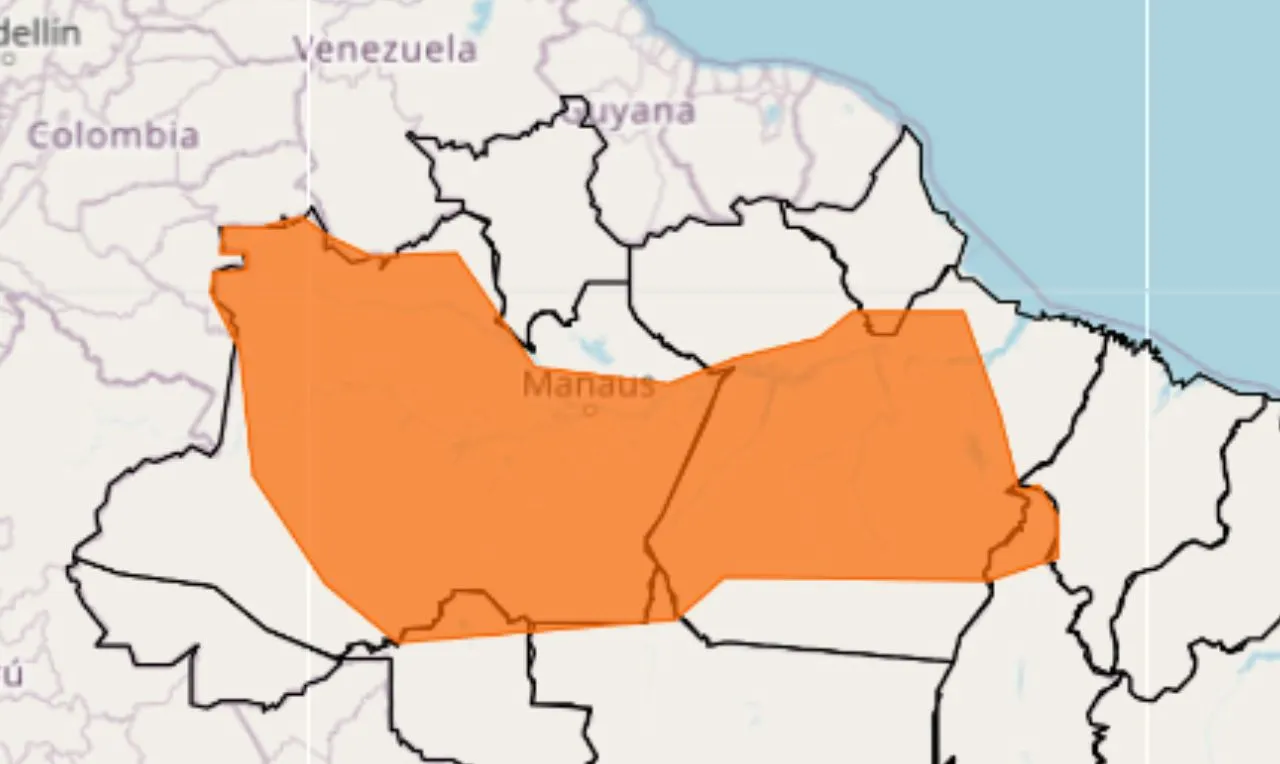 o mapa mostra &agrave;s &aacute;reas em alerta para chuva intensa e ventos